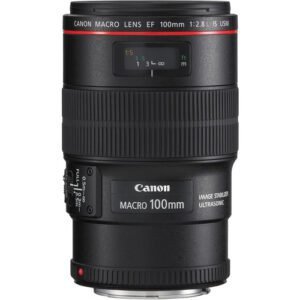 Canon EF 100mm F/2.8L Macro IS USM Specs Focal Length 100mm Maximum Aperture f/2.8 Minimum Aperture f/32 Lens Mount Canon EF Lens Format Coverage Full-Frame Angle of View 24° Minimum Focus Distance 11.81" / 30 cm Maximum Magnification 1x Macro Reproduction Ratio 1:1 Optical Design 15 Elements in 12 Groups Diaphragm Blades 9, Rounded Focus Type Autofocus Image Stabilization Yes Tripod Collar Removable and Rotating (Optional) Filter Size 67 mm (Front) Dimensions (ø x L) 3.06 x 4.84" / 77.7 x 123 mm Weight 1.38 lb / 625 g
