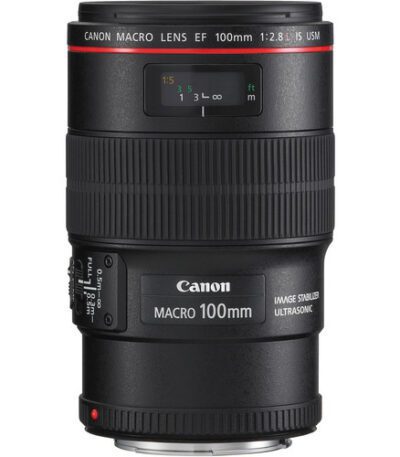 Canon EF 100mm F/2.8L Macro IS USM Specs Focal Length 100mm Maximum Aperture f/2.8 Minimum Aperture f/32 Lens Mount Canon EF Lens Format Coverage Full-Frame Angle of View 24° Minimum Focus Distance 11.81" / 30 cm Maximum Magnification 1x Macro Reproduction Ratio 1:1 Optical Design 15 Elements in 12 Groups Diaphragm Blades 9, Rounded Focus Type Autofocus Image Stabilization Yes Tripod Collar Removable and Rotating (Optional) Filter Size 67 mm (Front) Dimensions (ø x L) 3.06 x 4.84" / 77.7 x 123 mm Weight 1.38 lb / 625 g