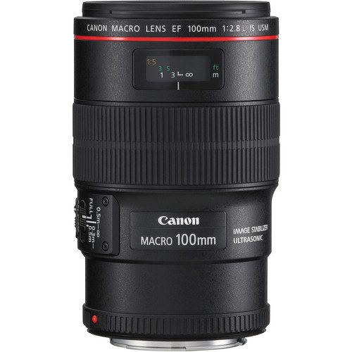 Canon EF 100mm F/2.8L Macro IS USM Specs Focal Length 100mm Maximum Aperture f/2.8 Minimum Aperture f/32 Lens Mount Canon EF Lens Format Coverage Full-Frame Angle of View 24° Minimum Focus Distance 11.81" / 30 cm Maximum Magnification 1x Macro Reproduction Ratio 1:1 Optical Design 15 Elements in 12 Groups Diaphragm Blades 9, Rounded Focus Type Autofocus Image Stabilization Yes Tripod Collar Removable and Rotating (Optional) Filter Size 67 mm (Front) Dimensions (ø x L) 3.06 x 4.84" / 77.7 x 123 mm Weight 1.38 lb / 625 g