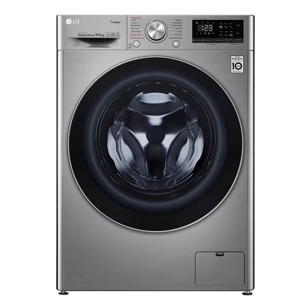 LG F4V5VGP2T 9/6KG front load washer dryer combo in silver with AI DD and Steam technology