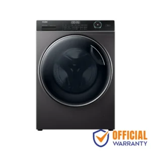 Haier HW105-B14959S8U1 10.5KG AI front load washing machine with inverter motor, WiFi control, large drum, and LED display in dark silver finish