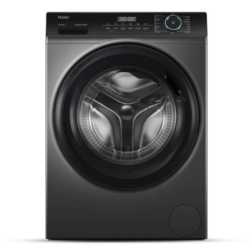 Haier HW120-BP14959S8 12KG front load washing machine with inverter motor, built-in heater, large drum, and LED display in dark silver finish