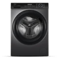 Haier HW120-BP14959S8 12KG front load washing machine with inverter motor, built-in heater, large drum, and LED display in dark silver finish