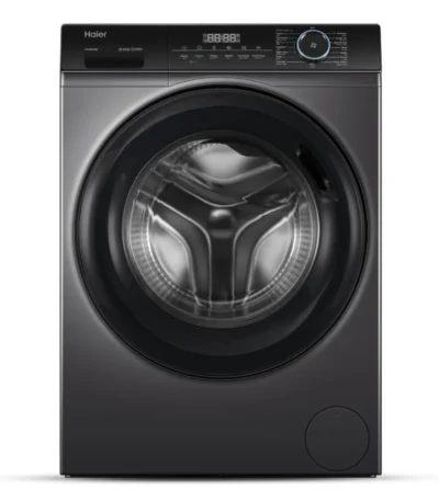 Haier HW120-BP14959S8 12KG front load washing machine with inverter motor, built-in heater, large drum, and LED display in dark silver finish