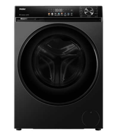 Haier HW90-BP12357S8 9KG Inverter Front Load Washing Machine with BLDC motor, steam wash, super drum, and touch display in dark jade silver color.