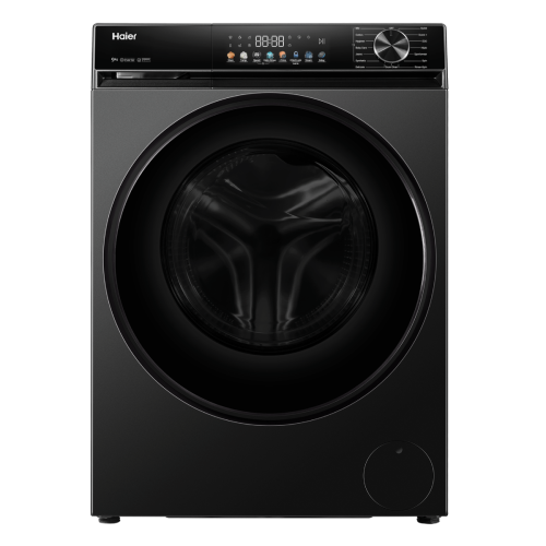 Haier HW90-BP12357S8 9KG Inverter Front Load Washing Machine with BLDC motor, steam wash, super drum, and touch display in dark jade silver color.