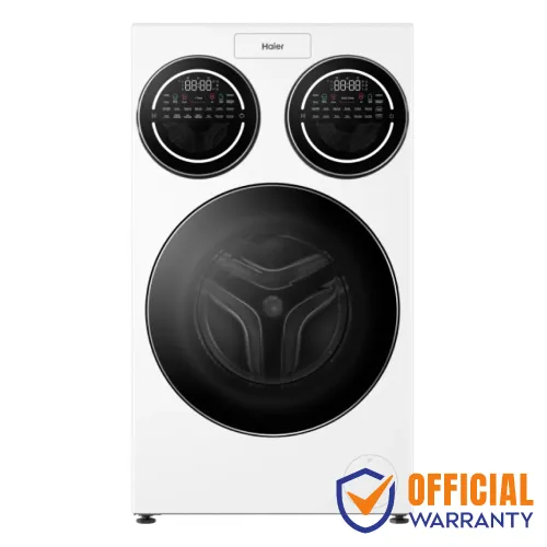 Haier HW140-BD14697WU1 14KG 3 Drum front load washing machine with inverter motor, AI features, triple drum design, and LED display in white premium finish