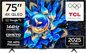 TCL 75T8C 75 Inch QLED 4K HDR UHD Smart Google TV with 144Hz Motion Clarity and Dolby Atmos