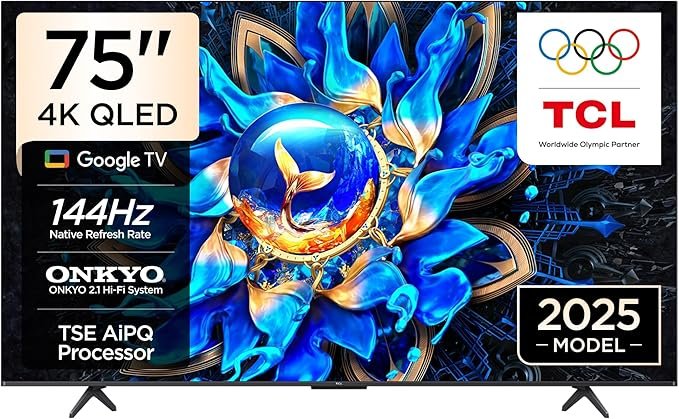 TCL 75T8C 75 Inch QLED 4K HDR UHD Smart Google TV with 144Hz Motion Clarity and Dolby Atmos