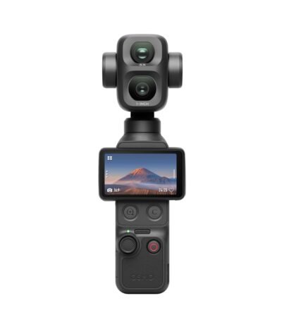 DJI Osmo Pocket 4P (Pocket 4 Pro) Creator Combo with 1-inch CMOS camera, 3-axis gimbal stabilizer, rotatable touchscreen, DJI Mic transmitter, mini tripod, wide-angle lens, and creator accessories in black.