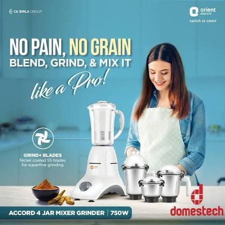 Orient Accord 750 Watts (4 Jars) Mixer Grinder Blender Juicer with Powerful Motor and Stainless Steel Jars in Bangladesh